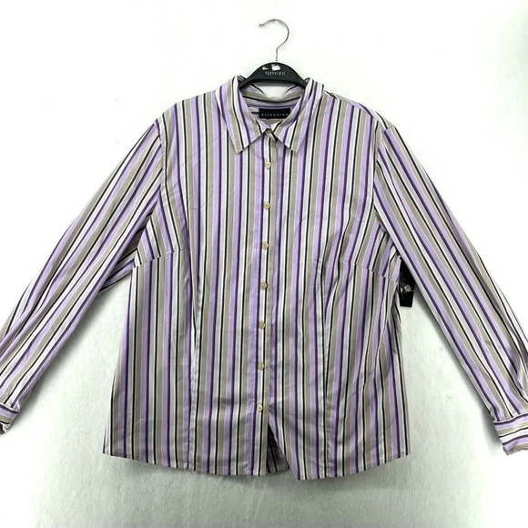 Attention Button-Up Shirt Women's Sz XL Purple Brown Striped Collared Stretch - Picture 1 of 12